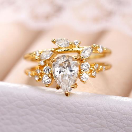 Conjunto de anillo de latón de moda, metal, 2 piezas & diverso tamaño para la opción & micro arcilla de zirconia cúbica & para mujer, dorado, Vendido por Set