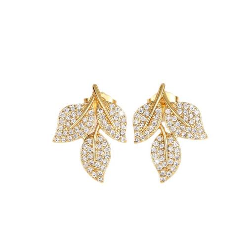 Cubic Zirconia Micro Pave Brass Earring, Leaf, fashion jewelry & micro pave cubic zirconia & for woman, golden, 18x14mm, Sold By Pair