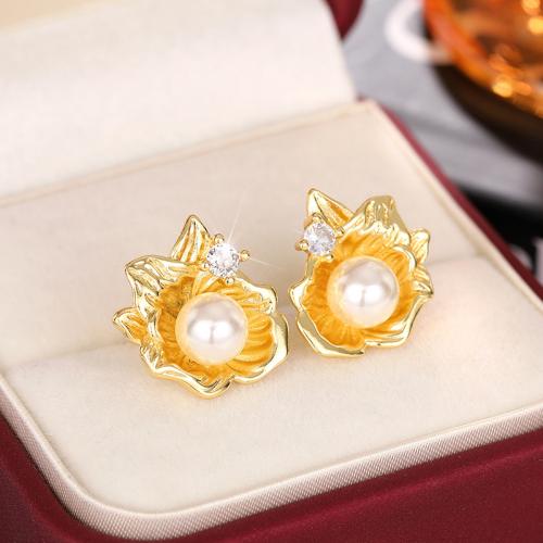 Cubic Zirconia Micro Pave Brass Earring, with Plastic Pearl, fashion jewelry & micro pave cubic zirconia & for woman, golden, 18mm, Sold By Pair