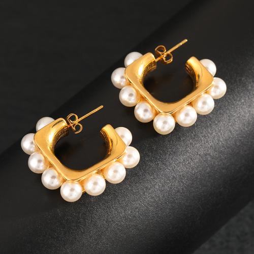 Stainless Steel Stud Earrings, 304 Stainless Steel, with Plastic Pearl, fashion jewelry & for woman, golden, 27x9mm, Sold By Pair