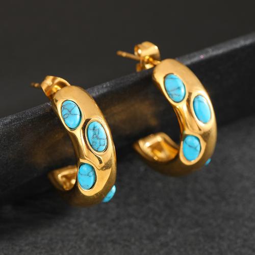 Stainless Steel Stud Earrings, 304 Stainless Steel, with turquoise, fashion jewelry & for woman, golden, 24x6mm, Sold By Pair