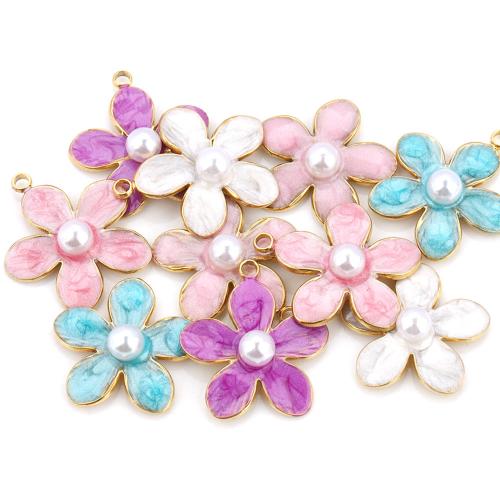 Stainless Steel Flower Pendant, 304 Stainless Steel, with Plastic Pearl, DIY & enamel, more colors for choice, 20x22mm, Sold By PC