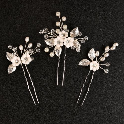Hair Stick Iron with Porcelain & Crystal & Plastic Pearl three pieces & fashion jewelry & for woman silver color Sold By Set