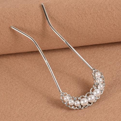 Hair Stick Iron with Plastic Pearl fashion jewelry & for woman & with rhinestone silver color Sold By PC