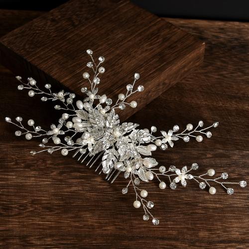 Decorative Hair Combs, Tibetan Style, with Plastic Pearl, fashion jewelry & for woman & with rhinestone, silver color, 200x140mm, Sold By PC