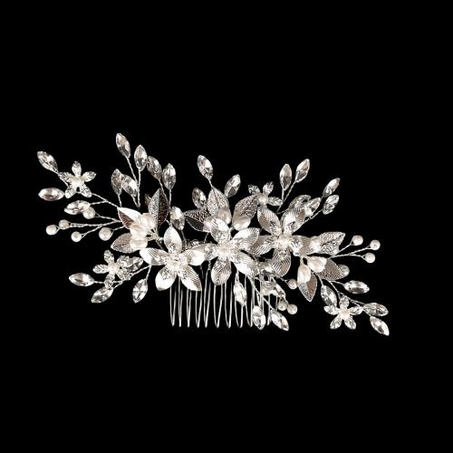 Decorative Hair Combs Zinc Alloy with Glass Rhinestone & Plastic Pearl fashion jewelry & for woman silver color Sold By PC