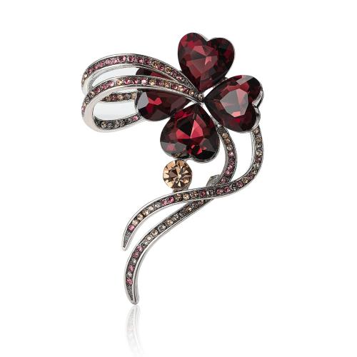 Zinc Alloy Brooches Four Leaf Clover silver color plated for woman & with rhinestone nickel lead & cadmium free Sold By PC