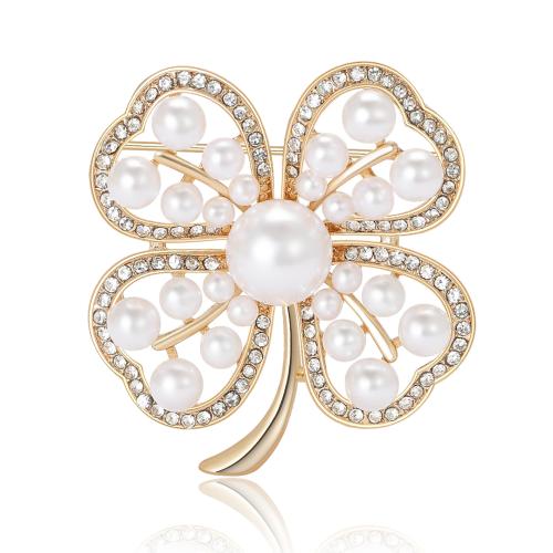 Tibetan Style Brooches, with Plastic Pearl, Four Leaf Clover, plated, for woman & with rhinestone, more colors for choice, nickel, lead & cadmium free, 37x35mm, Sold By PC