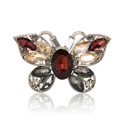 Tibetan Style Brooches, Butterfly, silver color plated, for woman & with rhinestone, more colors for choice, nickel, lead & cadmium free, 45x29mm, Sold By PC