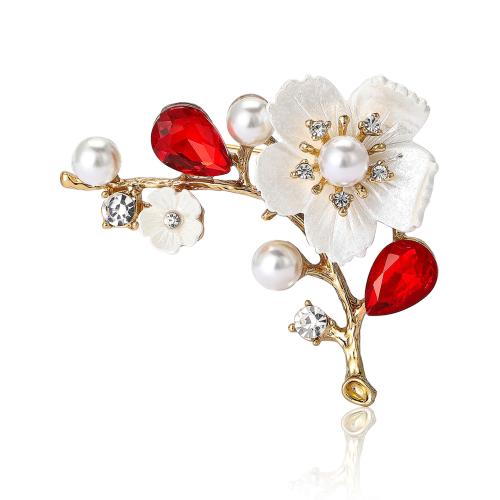 Tibetan Style Brooches, with Resin & Plastic Pearl, Flower, gold color plated, for woman & with rhinestone, more colors for choice, nickel, lead & cadmium free, 60x52mm, Sold By PC