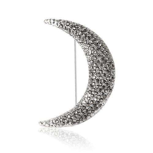 Tibetan Style Brooches, Moon, silver color plated, for woman & with rhinestone, more colors for choice, nickel, lead & cadmium free, 35x54mm, Sold By PC