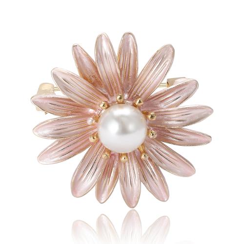 Tibetan Style Brooches, with Plastic Pearl, Flower, gold color plated, for woman & enamel, more colors for choice, nickel, lead & cadmium free, 36x36mm, Sold By PC