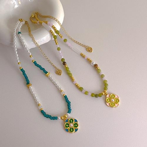 Brass Necklace, with Seedbead & Agate & Resin, Flower, gold color plated, different styles for choice & for woman & enamel, more colors for choice, nickel, lead & cadmium free, Length:41-50 cm, Sold By PC