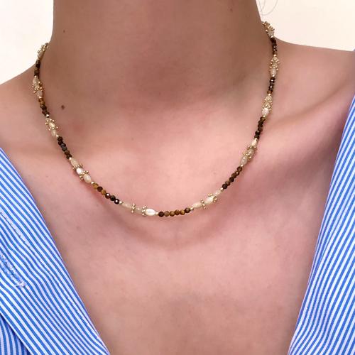 Messing Halskette, mit Naturstein & Zinklegierung, rund, goldfarben plattiert, verschiedene Stile für Wahl & für Frau, keine, frei von Nickel, Blei & Kadmium, Länge:45 cm, verkauft von PC