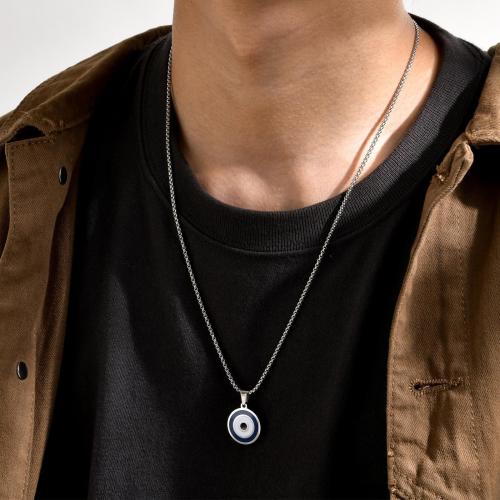 Titanium Steel Necklace Round silver color plated evil eye pattern & for man & enamel Length 60 cm Sold By PC