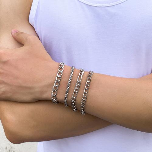 Iron Bracelet, with Titanium Steel, with 5cm extender chain, silver color plated, 4 pieces & fashion jewelry, silver color, Length:18 cm, Sold By Set