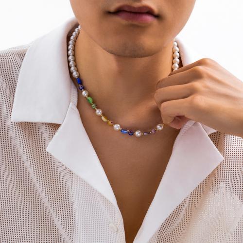 Пластиковый жемчужное ожерелье, Пластиковая жемчужина, с Millefiori Lampwork, с 7cm наполнитель цепи, ювелирные изделия моды, разноцветный, длина 40 см, продается PC