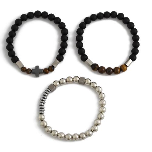 Natural Tiger Eye Bracelets, with Titanium Steel & turquoise & Hematite & Copper Coated Plastic, fashion jewelry, mixed colors, 3PCs/Set, Sold By Set