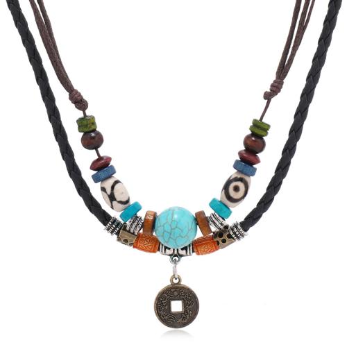 PU Leather Cord Necklace, with turquoise & Wax Cord & Wood & Tibetan Style, handmade, Double Layer & fashion jewelry & for man, black, Length:15.7-27.5 Inch, Sold By PC
