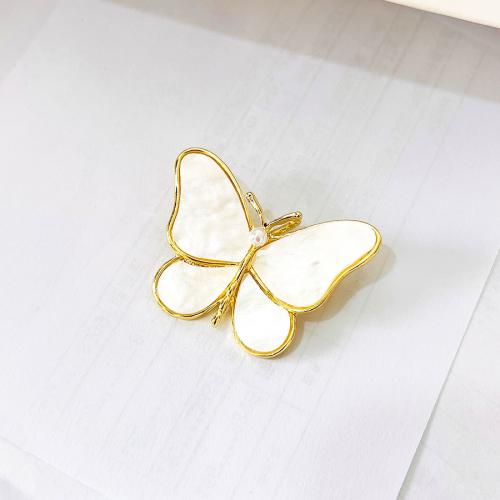 Zinc Alloy Brooches with Shell & Plastic Pearl Butterfly plated & with rhinestone Sold By PC