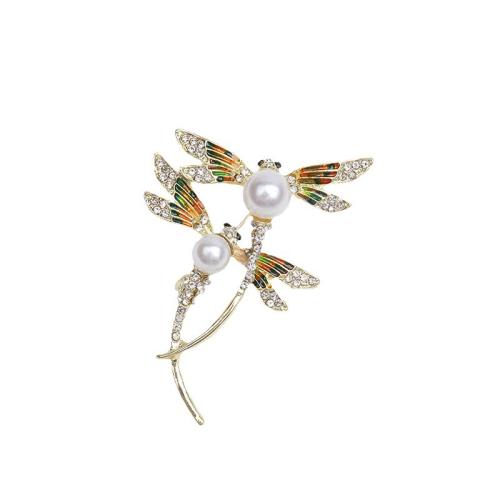 Zinc Alloy Brooches with Plastic Pearl Dragonfly plated for woman & enamel & with rhinestone golden Sold By PC