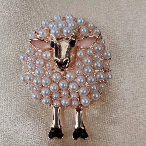 Tibetan Style Brooches, with Plastic Pearl, Sheep, plated, for woman & enamel & with rhinestone, golden, Sold By PC