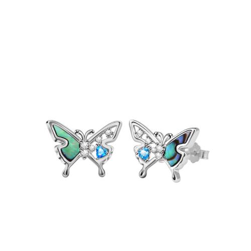 Cubic Zirconia Micro Pave Sterling Silver Earring, 925 Sterling Silver, with Abalone Shell, Butterfly, micro pave cubic zirconia & for woman, silver color, 9x12mm, Sold By Pair