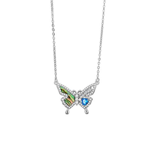 Cubic Zircon Micro Pave 925 Sterling Silver Necklace with Abalone Shell with 5CM extender chain Butterfly micro pave cubic zirconia & for woman silver color Length Approx 46 cm Sold By PC