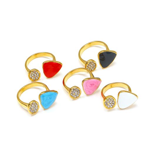 Rhinestone Stainless Steel Finger Ring, 304 Stainless Steel, Triangle, Vacuum Ion Plating, for woman & enamel & with rhinestone, more colors for choice, Sold By PC