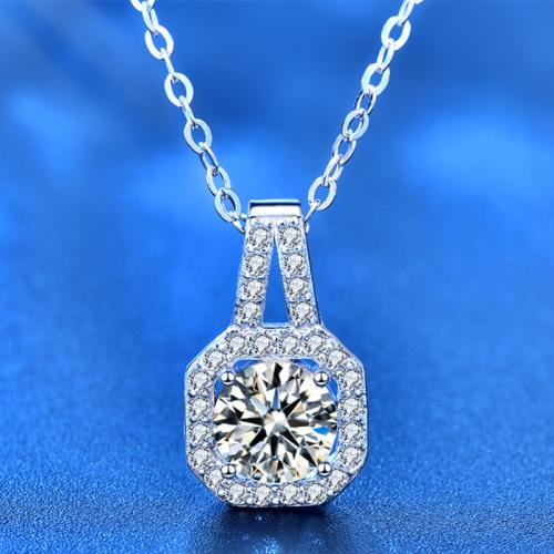 925 Sterling Silver Necklace, with Moissanite, with 2inch extender chain, Geometrical Pattern, platinum plated, cross chain & different size for choice & for woman, Length:Approx 15.7 Inch, Sold By PC