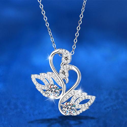 925 Sterling Silver Necklace, with Moissanite, with 2inch extender chain, Swan, platinum plated, cross chain & for woman & hollow, Length:Approx 15.7 Inch, Sold By PC