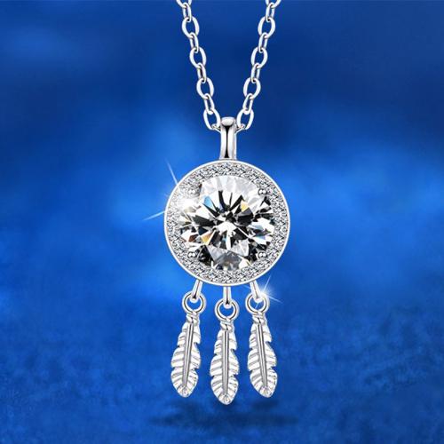 925 Sterling Silver Necklace, with Moissanite, with 2inch extender chain, Dream Catcher, platinum plated, fashion jewelry & for woman, Length:Approx 15.7 Inch, Sold By PC