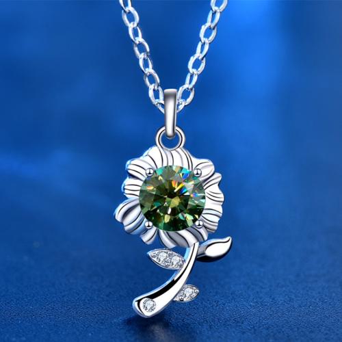 925 Sterling Silver Necklace, with Moissanite, with 2inch extender chain, Sunflower, cross chain & for woman, more colors for choice, Length:Approx 15.7 Inch, Sold By PC
