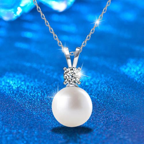 925 Sterling Silver Necklace, with Moissanite & Freshwater Pearl, with 2inch extender chain, platinum plated, cross chain & for woman, Length:Approx 15.7 Inch, Sold By PC