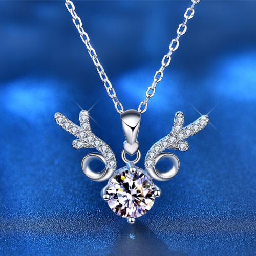 925 Sterling Silver Necklace, with Moissanite, with 2inch extender chain, Antlers, platinum plated, cross chain & Christmas Design & for woman, Length:Approx 15.7 Inch, Sold By PC