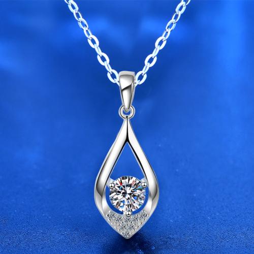 925 Sterling Silver Necklace, with Moissanite, with 2inch extender chain, Teardrop, platinum plated, cross chain & different size for choice & for woman & hollow, Length:Approx 15.7 Inch, Sold By PC