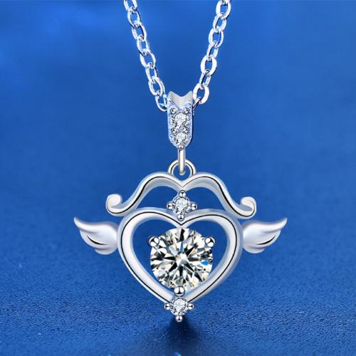 925 Sterling Silver Necklace with Moissanite with 2inch extender chain Winged Heart platinum plated cross chain & for woman & hollow Length Approx 15.7 Inch Sold By PC