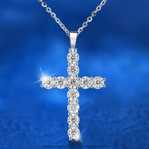 925 Sterling Silver Necklace with Moissanite with 2inch extender chain Cross platinum plated cross chain & for woman Length Approx 15.7 Inch Sold By PC