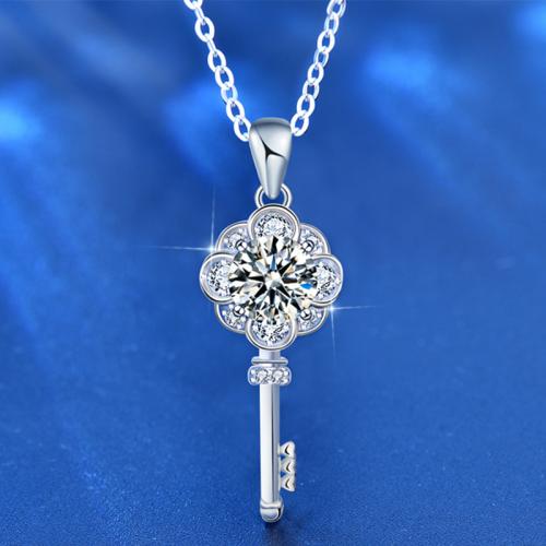 925 Sterling Silver Necklace, with Moissanite, Key, cross chain & different length for choice & for woman, Sold By PC