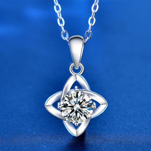925 Sterling Silver Necklace with Moissanite with 2inch extender chain Four Leaf Clover platinum plated cross chain & for woman & hollow Length Approx 15.7 Inch Sold By PC