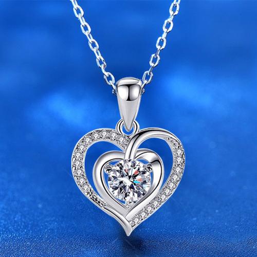 925 Sterling Silver Necklace, with Moissanite, with 2inch extender chain, Heart, platinum plated, cross chain & for woman & hollow, Length:Approx 15.7 Inch, Sold By PC