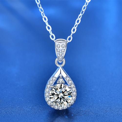 925 Sterling Silver Necklace with Moissanite with 2inch extender chain Teardrop platinum plated cross chain & for woman Length Approx 15.7 Inch Sold By PC