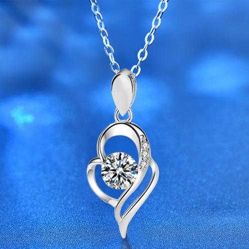925 Sterling Silver Necklace with Moissanite with 2inch extender chain Heart platinum plated cross chain & for woman & hollow Length Approx 15.7 Inch Sold By PC