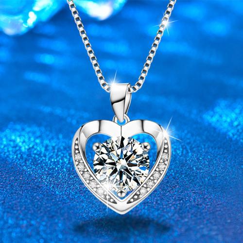 925 Sterling Silver Necklace with Moissanite with 2inch extender chain Heart platinum plated & box chain & for woman & hollow Length Approx 15.7 Inch Sold By PC