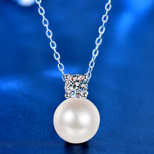 925 Sterling Silver Necklace with Moissanite & Plastic Pearl with 2inch extender chain Round platinum plated cross chain & for woman Length Approx 15.7 Inch Sold By PC