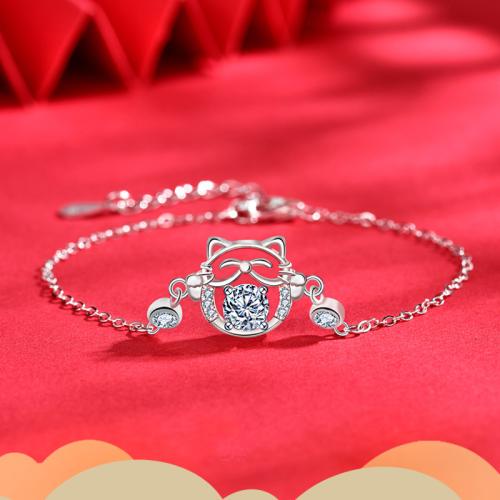 925 Sterling Silver Bracelet with Moissanite with 1.2inch extender chain Fortune Cat platinum plated for woman & hollow Length Approx 5.1 Inch Sold By PC