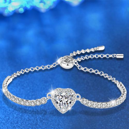 925 Sterling Silver Bracelet with Moissanite Heart platinum plated fashion jewelry & for woman Length Approx 9.8 Inch Sold By PC