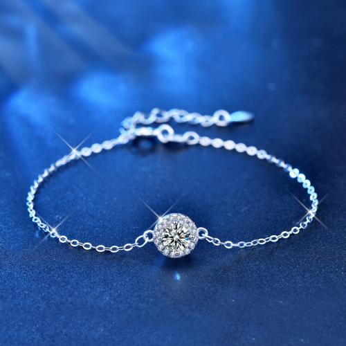925 Sterling Silver Bracelet, with Moissanite, with 1.2inch extender chain, Round, platinum plated, fashion jewelry & different size for choice & for woman, Length:Approx 6.3 Inch, Sold By PC