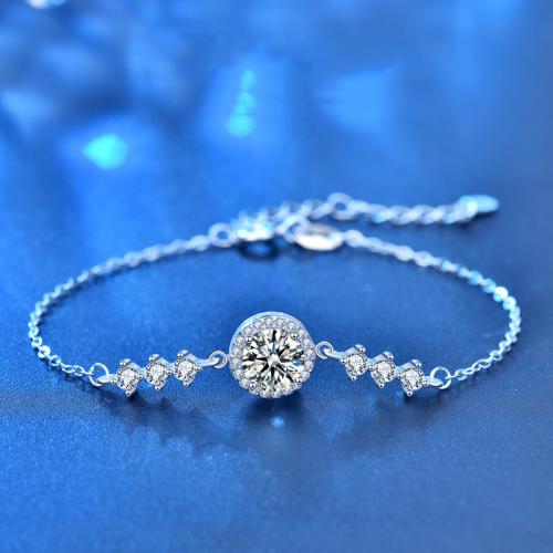 925 Sterling Silver Bracelet, with Moissanite, with 1.2inch extender chain, Round, platinum plated, fashion jewelry & for woman, Length:Approx 5.9 Inch, Sold By PC