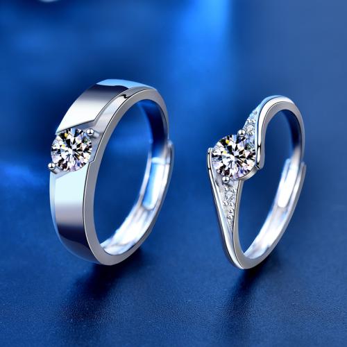 925 Sterling Silver Couple Ring with Moissanite Geometrical Pattern platinum plated adjustable & for couple Sold By PC